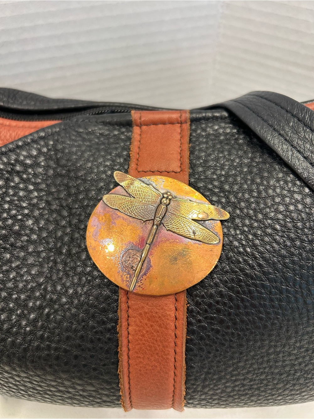 Two-Tone Handmade Leather Shoulder Bag with Copper Dragonfly Detail - Picture 3 of 16